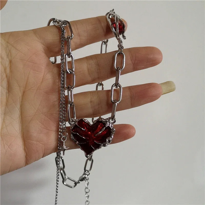 Chained Heart - Red Heart Silver Pendant